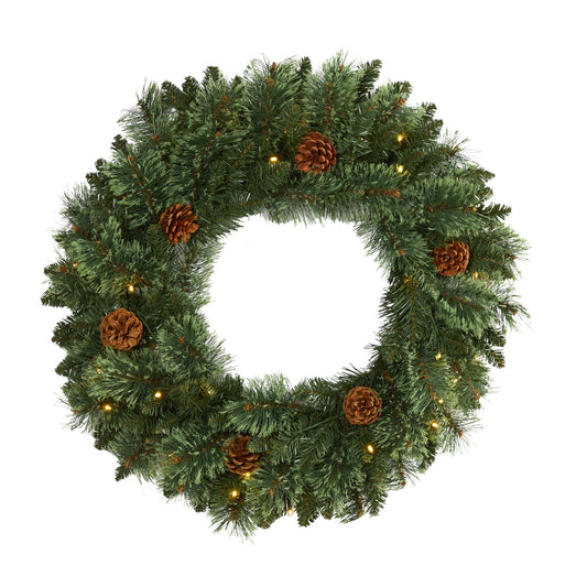 Nearly Natural 24in. White Mountain Pine Artificial Christmas Wreath with 35 LED Lights and Pinecones