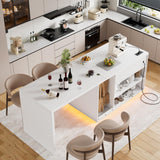 PAKASEPT Kitchen Island with Stationary Dining Table, 78.7" Storage Islands with LED Light, 4 Drawers, Open Shelves, 1 Cabinet, Power Outlet, Breakfast Bar Counter - Kitchen Table Coffee Bar PAKASEPT