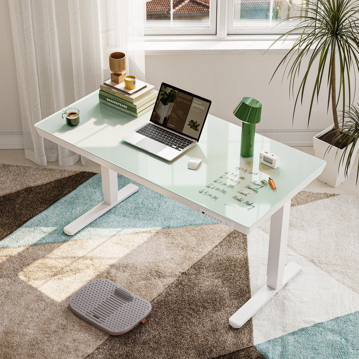 FEZIBO 48 × 24 Electric Standing Desk with Drawers, Whole-Piece Glass Adjustable Height Desk, One-Piece Quick Install Adjustable Sit Stand Desk, White FEZIBO