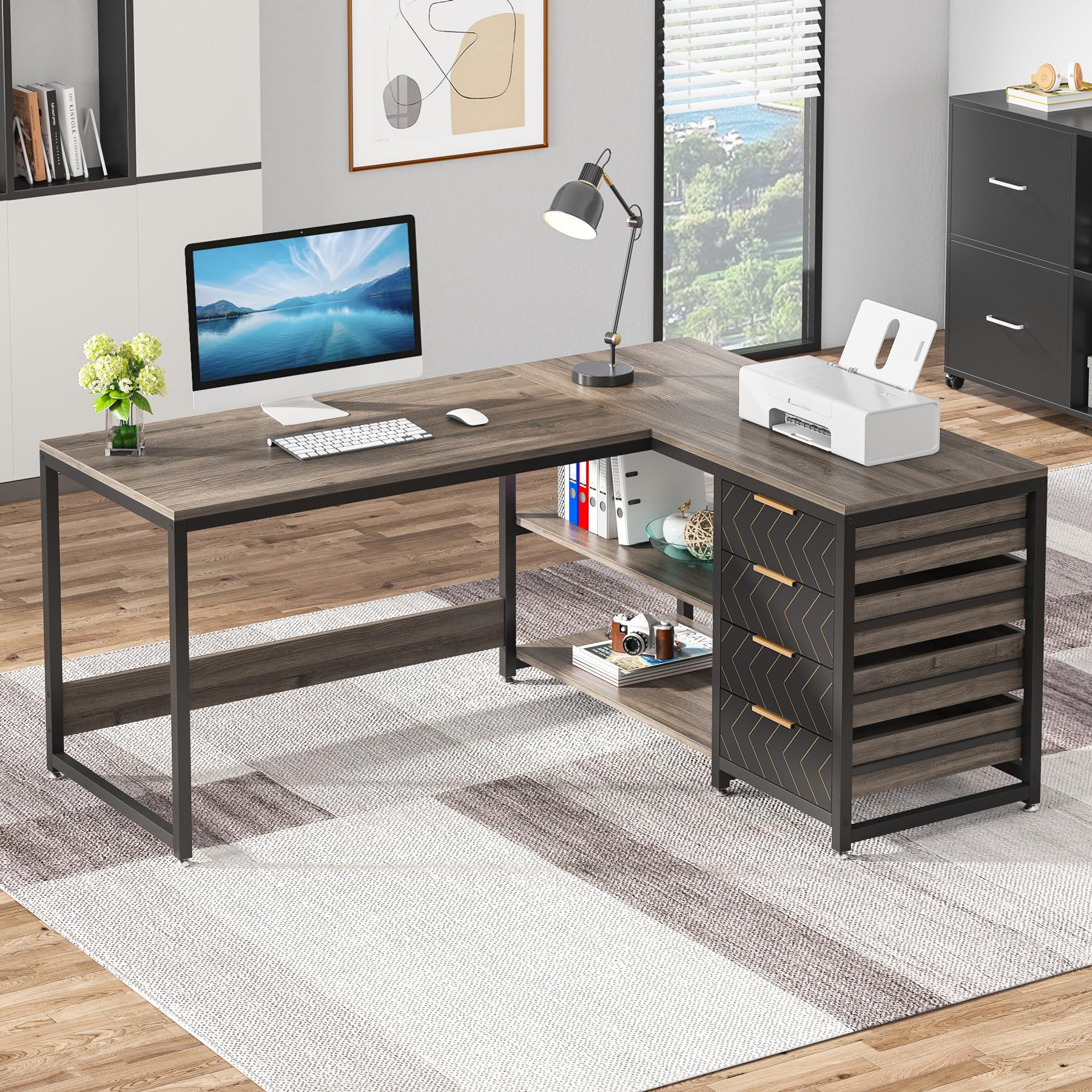 Tribesigns L Shaped Computer Desk with Storage Drawers, 59 inch Corner Desk with Shelves, Reversible L-Shaped Office Desk Writing Table Workstation for Home Office, Grey - WoodArtSupply