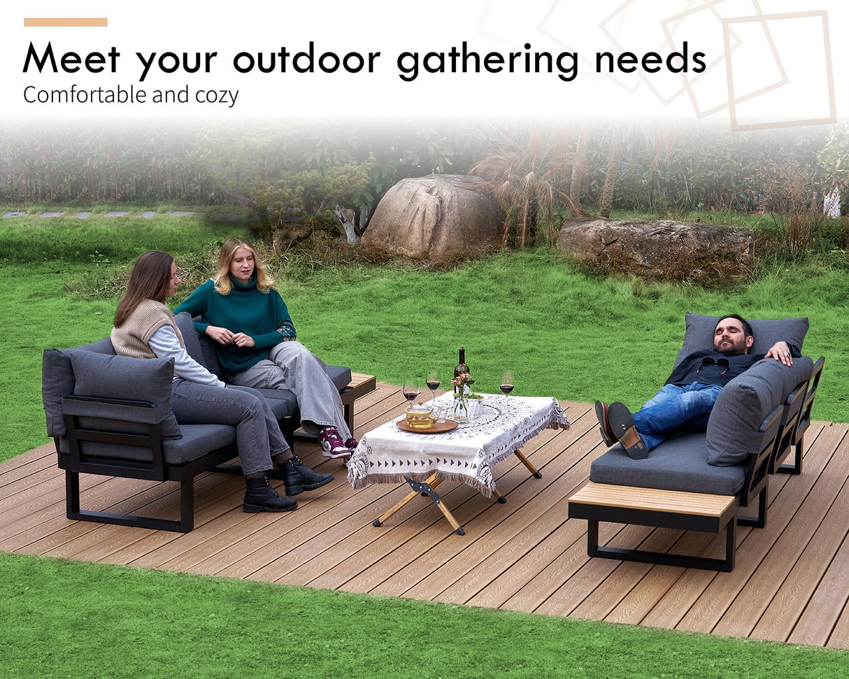 PaPaJet Aluminum Patio Conversation Set with Adjustable Backrest, 6 Piece Modern Outdoor Furniture Set with Wood Side Table for Backyard Poolside Porch, Gray PaPaJet