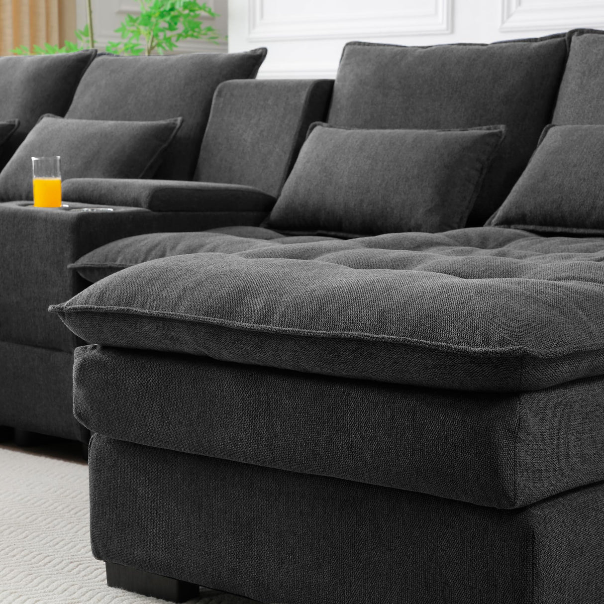 KEIKI 130" U-Shaped 6 seat Sofa with Storage Console, Cup Holders, Upholstered Sectional Sofa, Button Tufted Cloud Cushion Couch for Home, Office, Apartment, Gray KEIKI