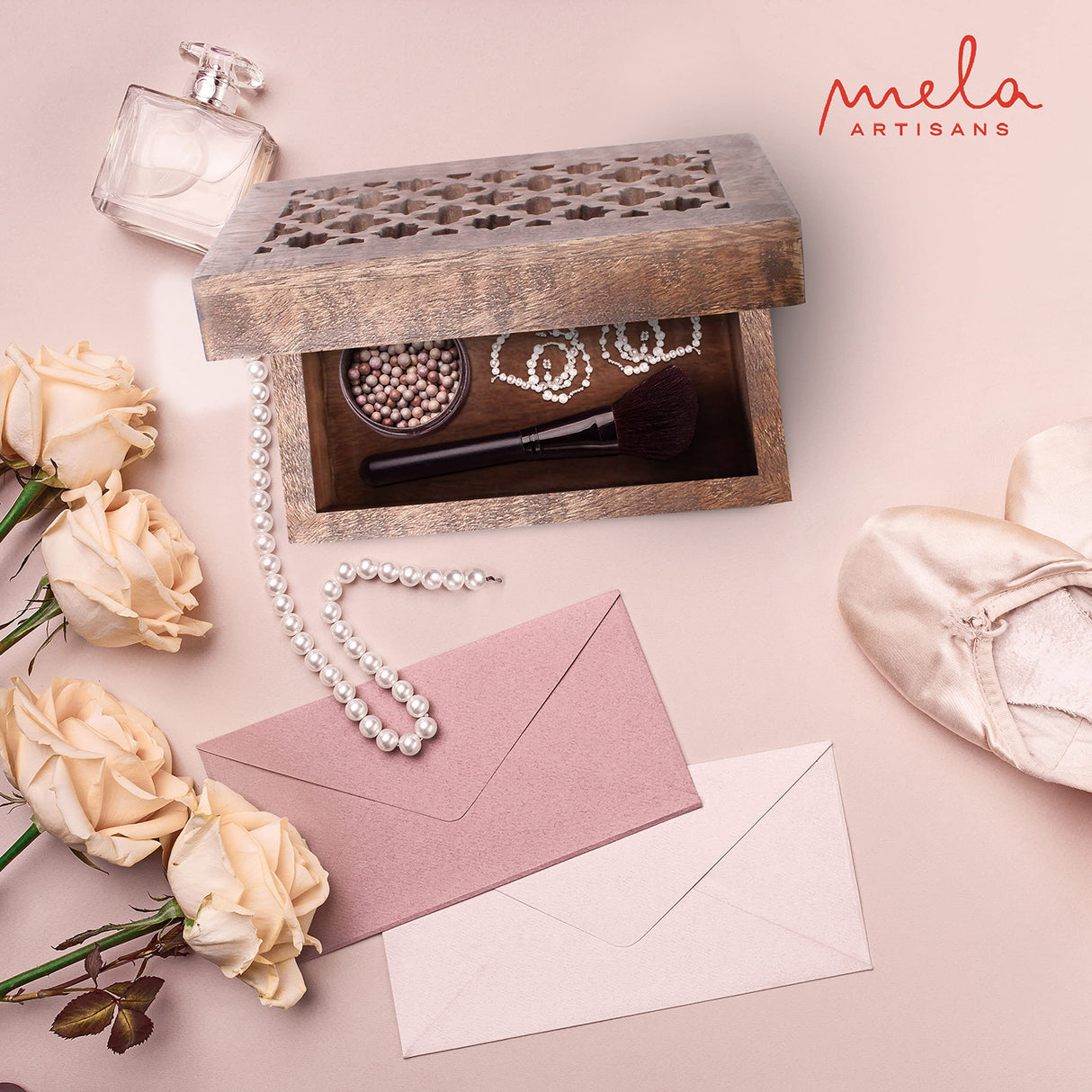 Mela Artisans Medium Keepsake Box with Hinged Trellis Lid - Medium Polish | Wooden Decorative Box | Keepsake Memory Box | Mango Wood Storage Box | Store Trinkets, Cards & Stash | 7.5” x 4.5” x 3” Mela Artisans