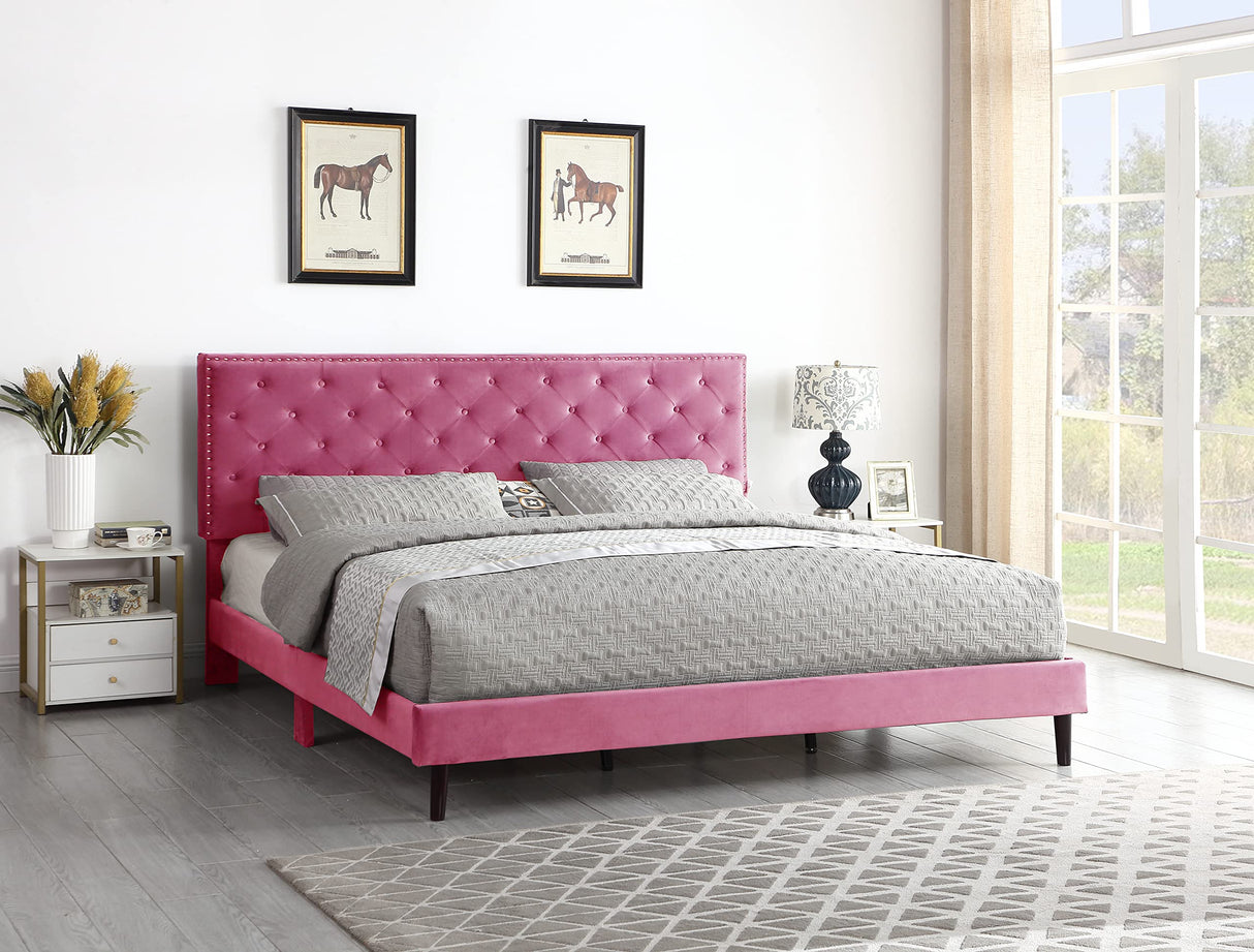 King Upholstered Platform Bed Frame with 48" Tall Adjustable Headboard - Button Tufted Suede Velour Bed- Wood Slat Support with Storage Space - No Box Spring Needed - Pink - OLIVER & SMITH - Princeton OLIVER & SMITH SINCE 1921