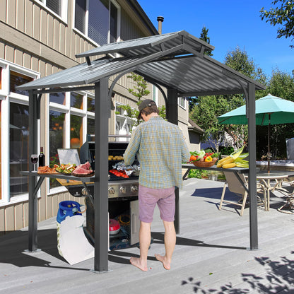 Domi 8x5FT Hardtop Grill Gazebo, Outdoor BBQ Gazebo with 2 Side Shelves and Ceiling Hook, Outdoor Grill Canopy with Galvanized Steel Double Roof for Patio Lawn Backyard Deck, Grey