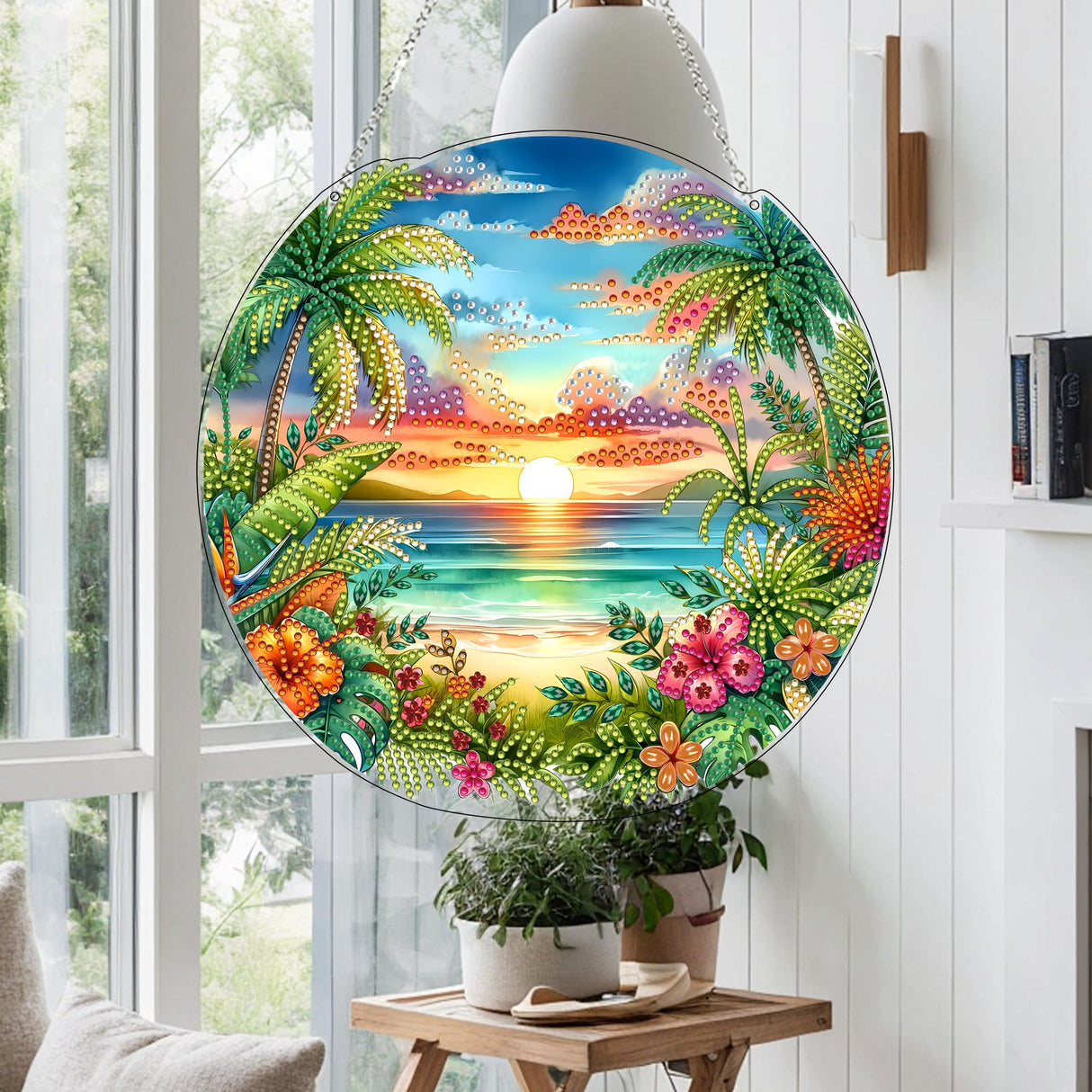 JJFox Diamond Art Hanging Kit for Adult,Special Shaped Rhinestone,Double Sided DIY Acrylic 5D Diamond Art Painting Window Pendants Home Garden Wall Hanging Kits Hanging Ornament (Summer Beach) JJFox