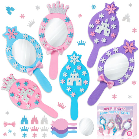BeYumi Princess Foam Mirror Craft - 18 Pack DIY Decorate Your Own Princess Mirror Craft Kits for Kids Unbreakable Kids Mirrors for Girls Party Decoration Birthday Supplies Gift BeYumi