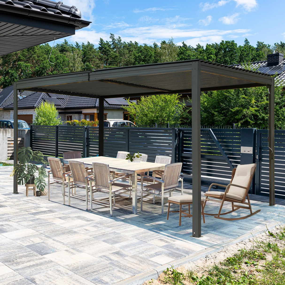 SHPAI 10’ x 16’ Louvered Pergola, Outdoor Pergola Aluminum Frame with Adjustable Rainproof Metal Roof, Permanent Sun Shade with Drainage System for Backyard, Garden and Lawn (Grey) SHPAI