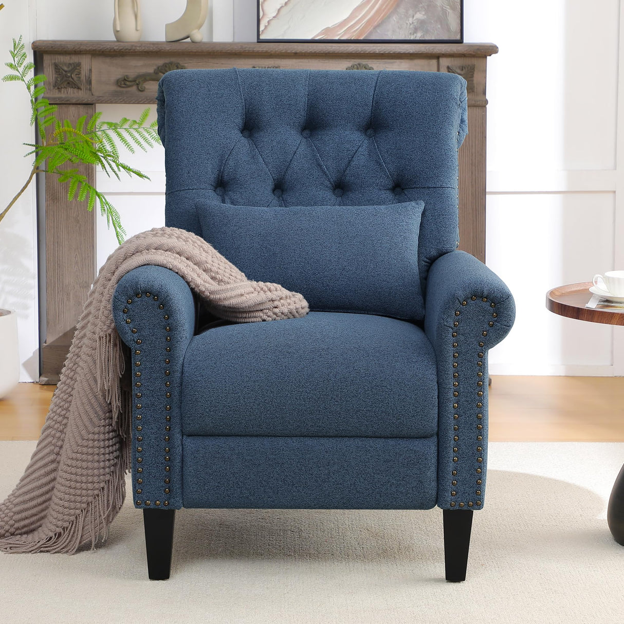 choairy Pushback Recliner Chair, Accent Push Back Chair with Adjustable Footrest Wingback, Upholstered Linen Fabric Reclining Sofa with Side Pocket, Comfy Modern Armchair for Living Room, Navy Blue choairy