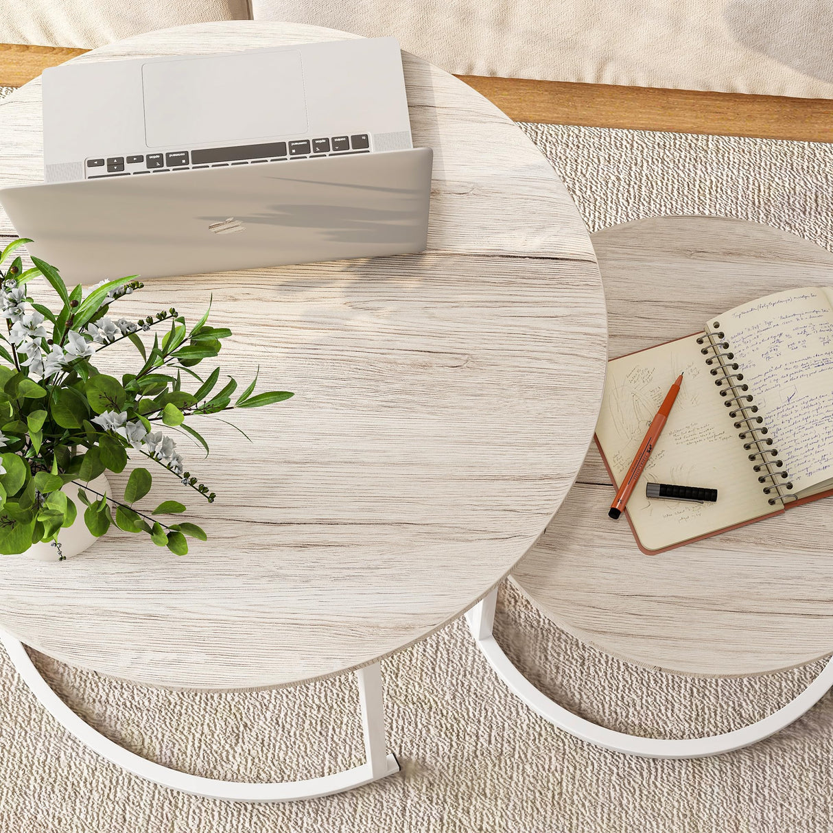 HOJINLINERO Round Coffee Table Set of 2 End Tables for Living Room,Modern White Coffee Table Nesting Tables,Living Room Tables Wood Furniture Metal Frame,Sturdy Stacking Side Tables,Easy Assembly,Oak HOJINLINERO