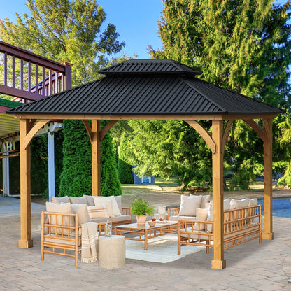 Aoodor 12 x 10 ft. Outdoor Solid Wooden Frame Gazebo with 2-Tier Hardtop Roof, for Patio Backyard Deck and Lawns - Black Canopy