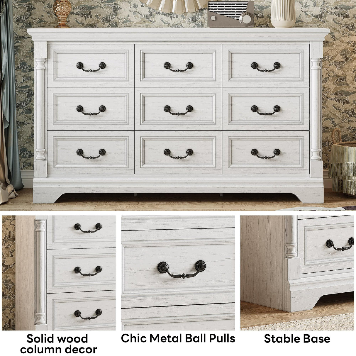 LIKIMIO Farmhouse Dresser for Bedroom with 9 Drawers, 58" Wide Wood Chest of Drawers with Roman Column, Dresser TV Stand for 65", Closet Storage Dressers Organizer for Bedroom, Living Room, Hallway LIKIMIO