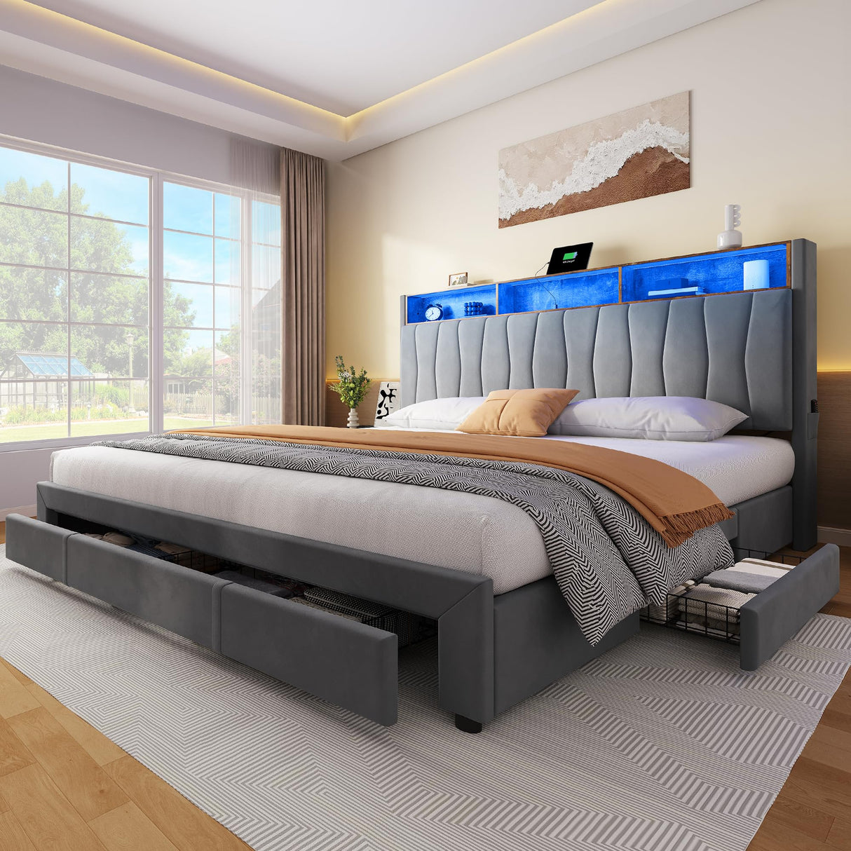 YITAHOME King Bed Frame with 3 Drawers, Upholstered Bed Frame with Storage Headboard, LED Platform Bed with Charging Station, No Box Spring Required, Simple Setup (Grey) YITAHOME