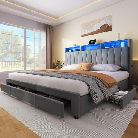 YITAHOME King Bed Frame with 3 Drawers, Upholstered Bed Frame with Storage Headboard, LED Platform Bed with Charging Station, No Box Spring Required, Simple Setup (Grey) YITAHOME