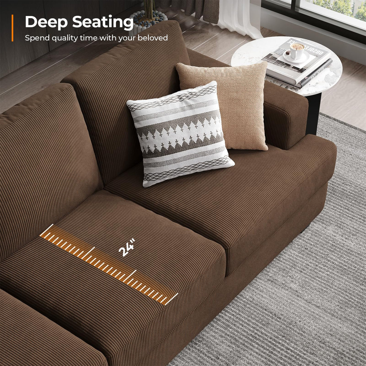 COPIAE 89 Inch Sofa with Extra Deep Seats Oversize, Corduroy Fabric 3 Seater Sofa for Living Room, Modern Couch and Sofa, Comfy Armrests and Seats and Backrests, Easy Installation, Brown COPIAE