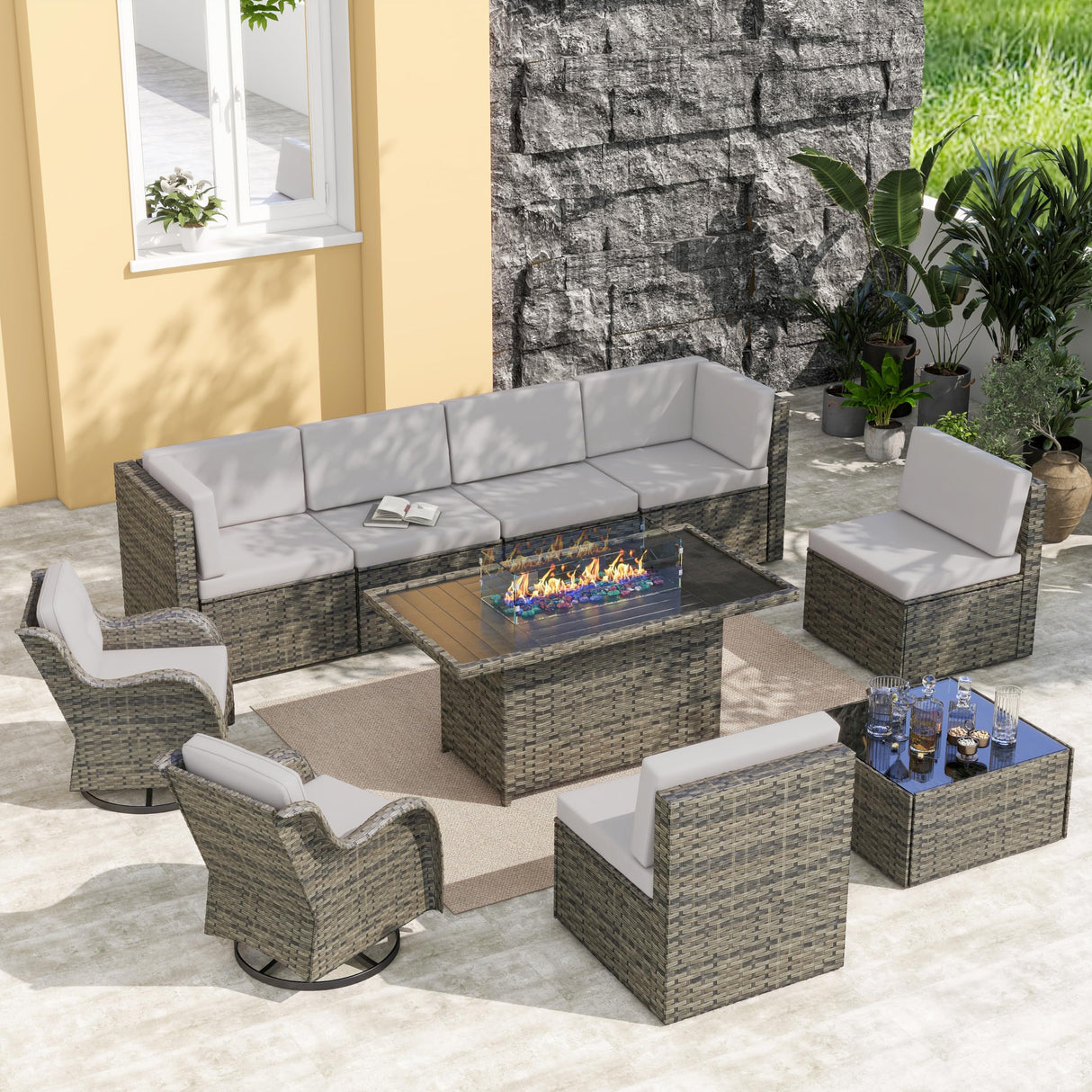 UIXE Outdoor Patio Furniture Sets with Propane Fire Pit Table, 10 Pieces Wicker Patio Sectional Sofa Lounge Couch Seating PE Rattan Conversation Set Includes 45" Gas Fire Table, Light Gray UIXE