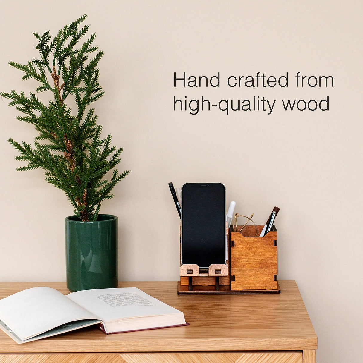 Personalized Wooden Pen Holder for Desk with Cell Phone Holder Wood Desk Organizer Pencil Holder Coworker Gifts Boss Leader Colleague Friends Office Organization Employee Appreciation Gifts Woodland