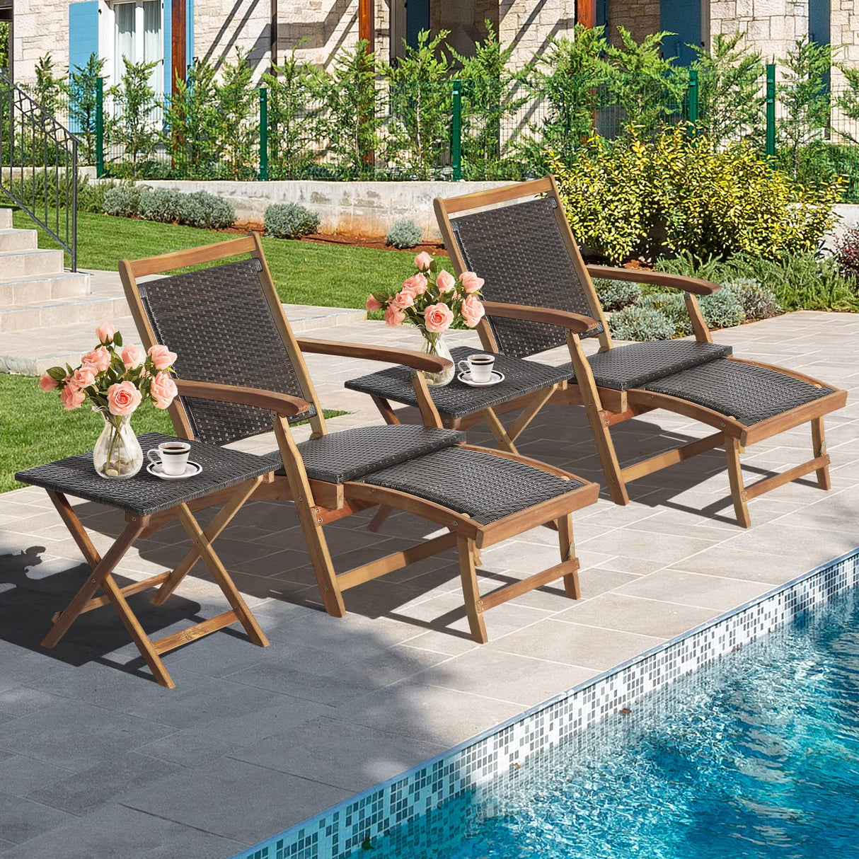 HAPPYGRILL Lounge Chair Table Set Outdoor Acacia Wood Lounge Chair with Wicker Side Table Folding Chaise Lounge with Retractable Ottoman for Garden Balcony Poolside HAPPYGRILL
