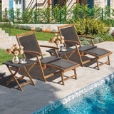 HAPPYGRILL Lounge Chair Table Set Outdoor Acacia Wood Lounge Chair with Wicker Side Table Folding Chaise Lounge with Retractable Ottoman for Garden Balcony Poolside HAPPYGRILL