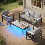 Bestier 4 Piece Aluminum Patio Furniture Set with Outdoor 3-Seater Sofa, Modern LED Patio Conversation Set with 5" Grey Cushions and Marble Texture Coffee Table for Balcony, and Backyard Bestier