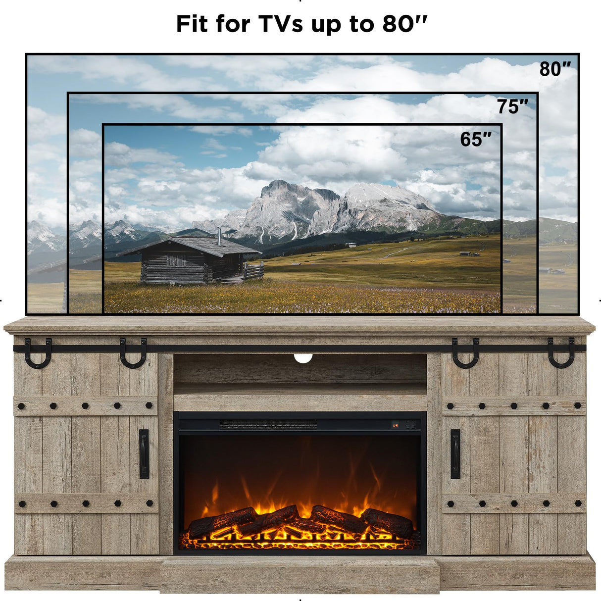 OKD 70" Fireplace TV Stand for 75 80 Inch TV, Farmhouse Highboy Entertainment Center with 30" Electric Fireplace &Sliding Barn Doors, 32" Tall Media Console Cabinet for Living Room, Light Rustic Oak OKD