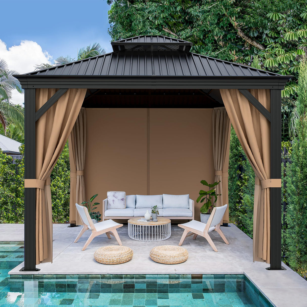 Flamaker Hardtop Gazebo 10' x 12' Aluminum Frame Outdoor Gazebo with Privacy Curtains and Gauze Mesh Sunshade Pavilion Double Roof Canopy for Patio, Lawn, Deck, Poolside Flamaker