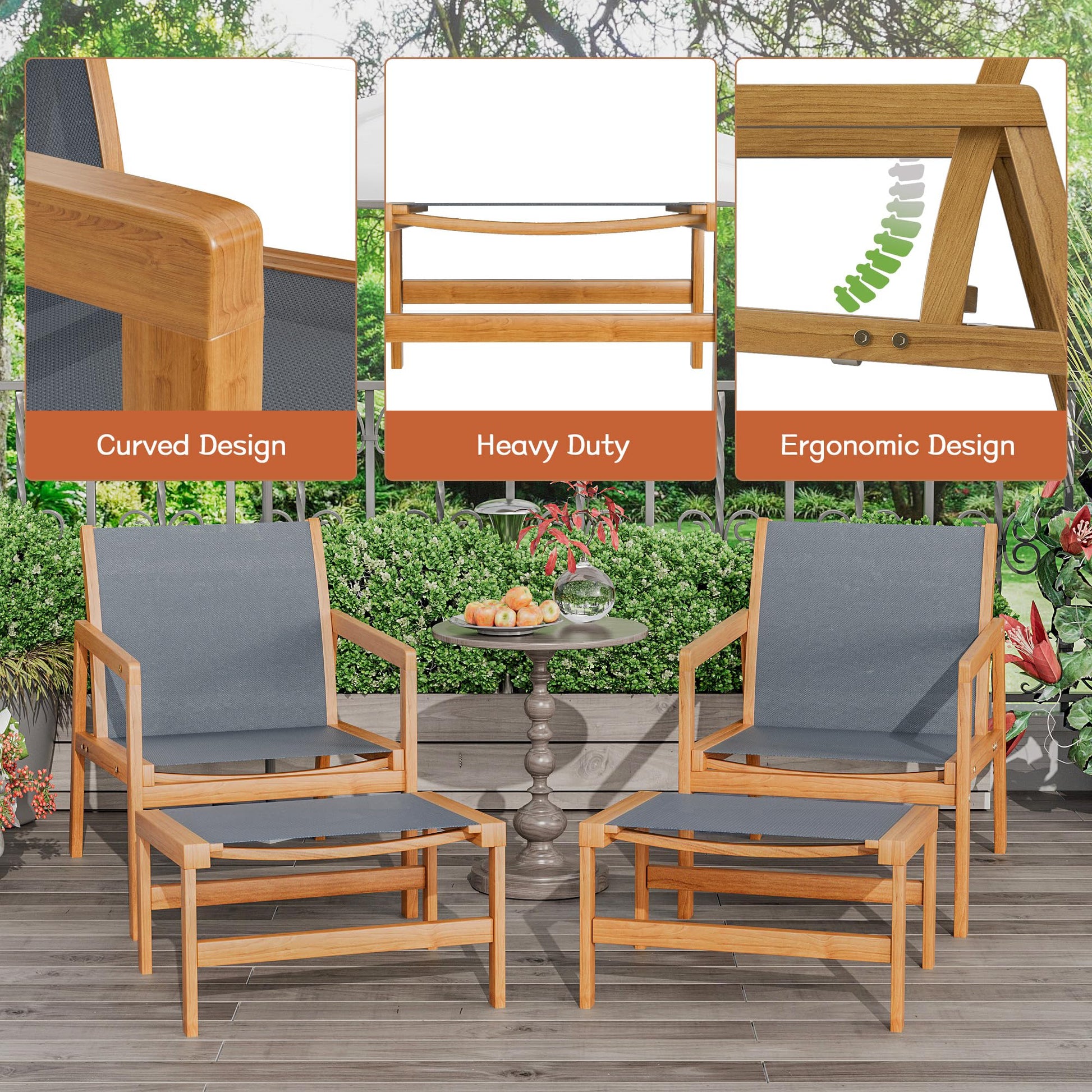 Greesum 4 Piece Furniture Outdoor Acacia Wood Chair with Ottoman for Porch, Balcony, Deck, Patio, Backyard, Gray - WoodArtSupply