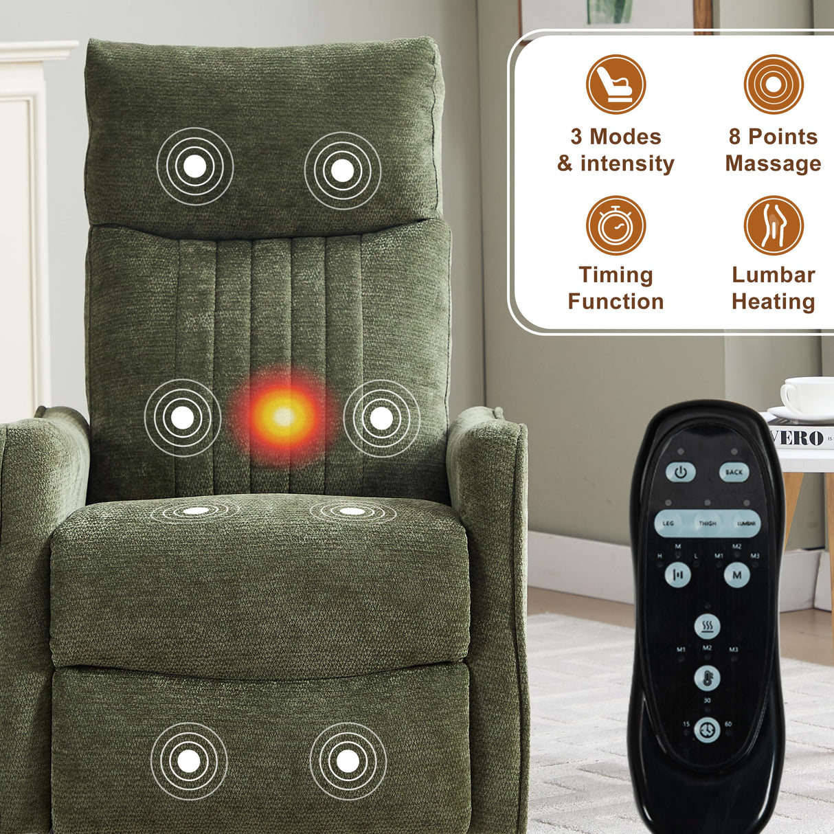 Manual Swivel Rocker Recliner Chair for Adults, Overstuffed Glider Chair for Nursery with Massage and Heat, Living Room Reclining Chair, Fabric Green Luxlen