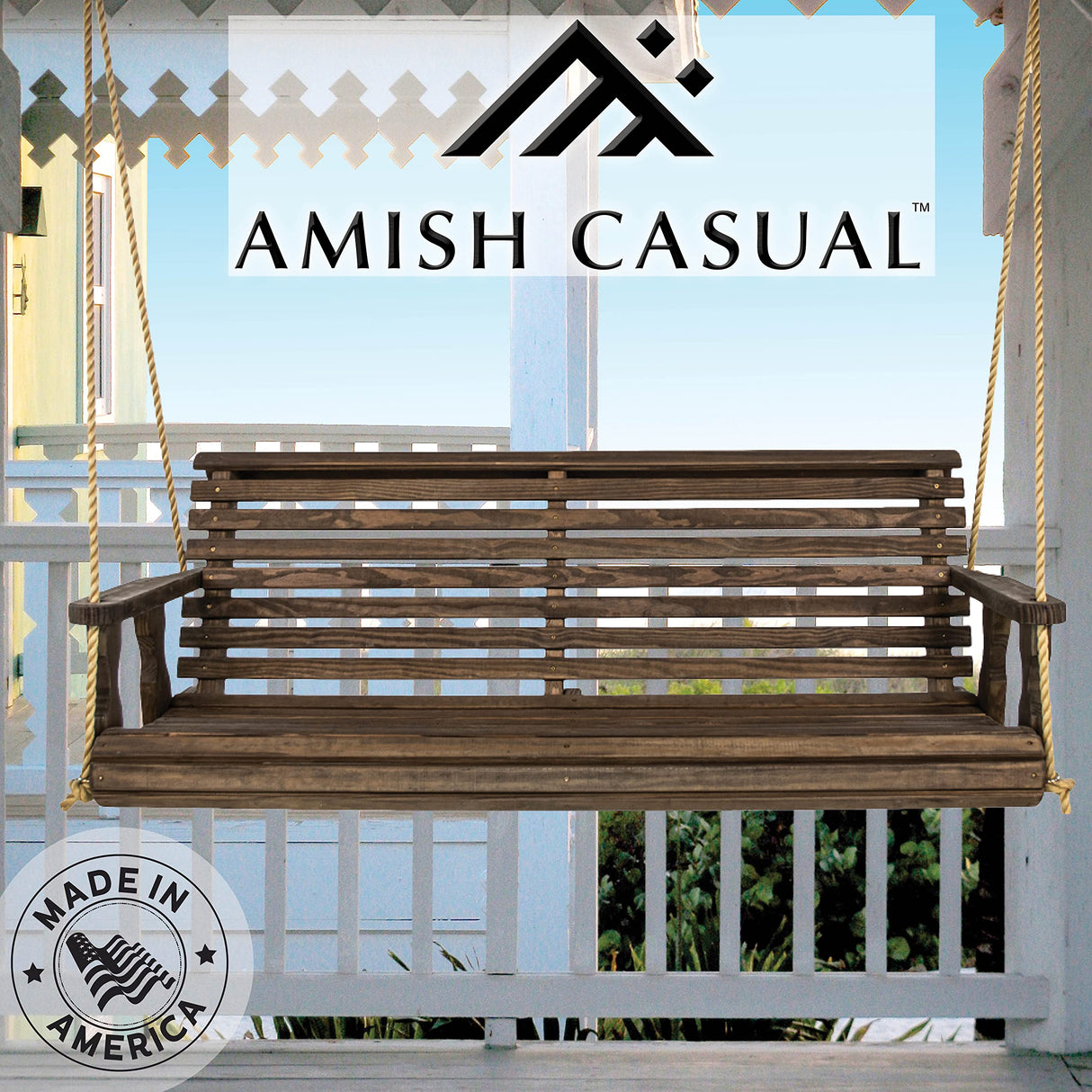 Amish Casual Heavy Duty 800 Lb Roll Back Treated Porch Swing with Hanging Ropes (5 Foot, Dark Walnut Stain) Amish Casual