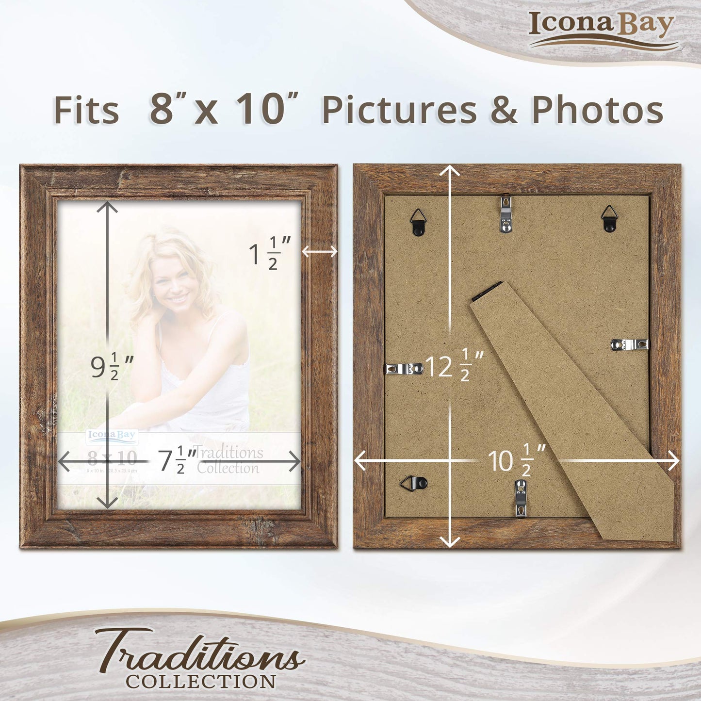 Icona Bay 8x10 Chestnut Brown Picture Frame, Rustic Wood Pattern, Lightly Distressed Frame for Table Top Display or Wall Mount, Traditions Collection