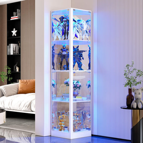 Corner Display Cabinet with Glass Doors, 4 Tier Corner Shelf with LED Lights, 68" Display Case for Collectibles, Toys, Books, Curio Storage Cabinet, White WEQUB
