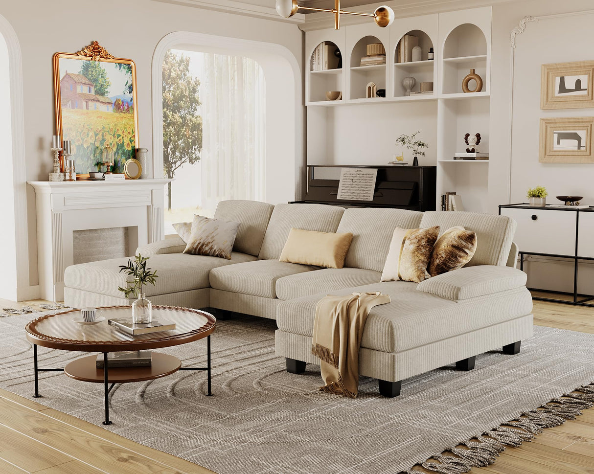 Furmax Sectional Couches for Living Room, U-Shaped Sofa Couch with Linen Fabric, 4 Seat Sofa Set with Double Chaise for Apartment (Corduroy, Beige) Furmax