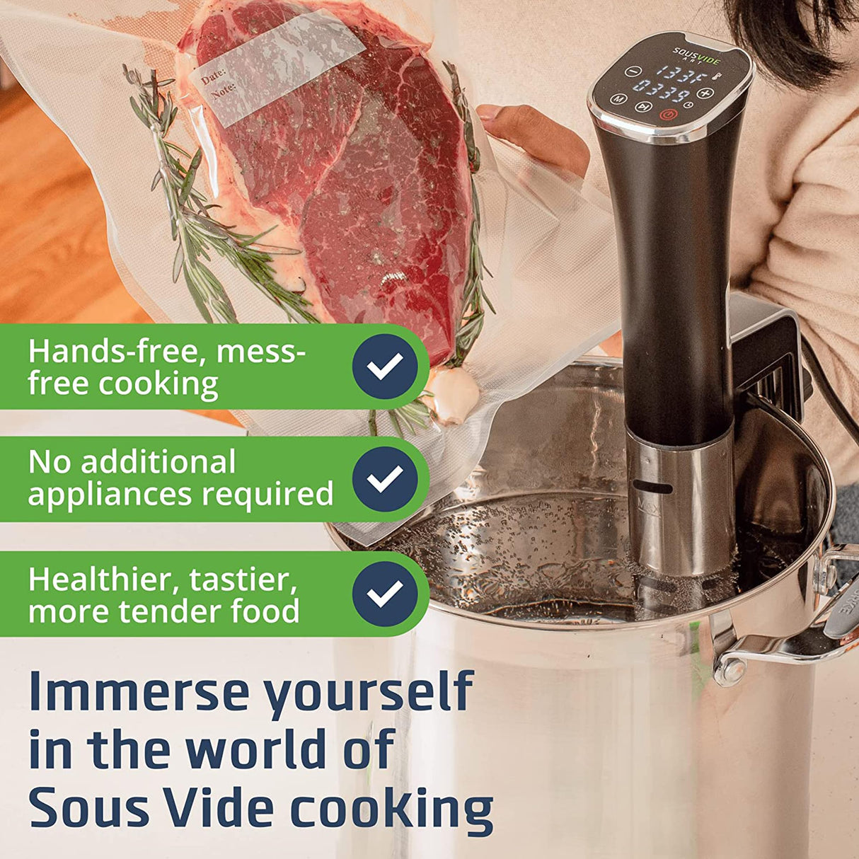 SOUSVIDE ART Sous Vide Immersion Cooker Kit - Machine with Digital Timer, Temp Control, 30 Bags, Vacuum Pump, Suvee Cooker Gift for Chefs SOUSVIDE ART