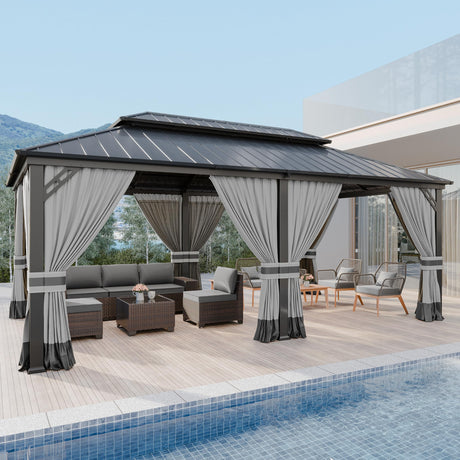 Kurapika 12' x 20' Hardtop Gazebo, Outdoor Metal Gazebo with Galvanized Steel Double Roof Canopy, Curtain and Netting, Aluminum Permanent Pavilion Gazebo for Patio, Backyard, Lawn, Grey Kurapika