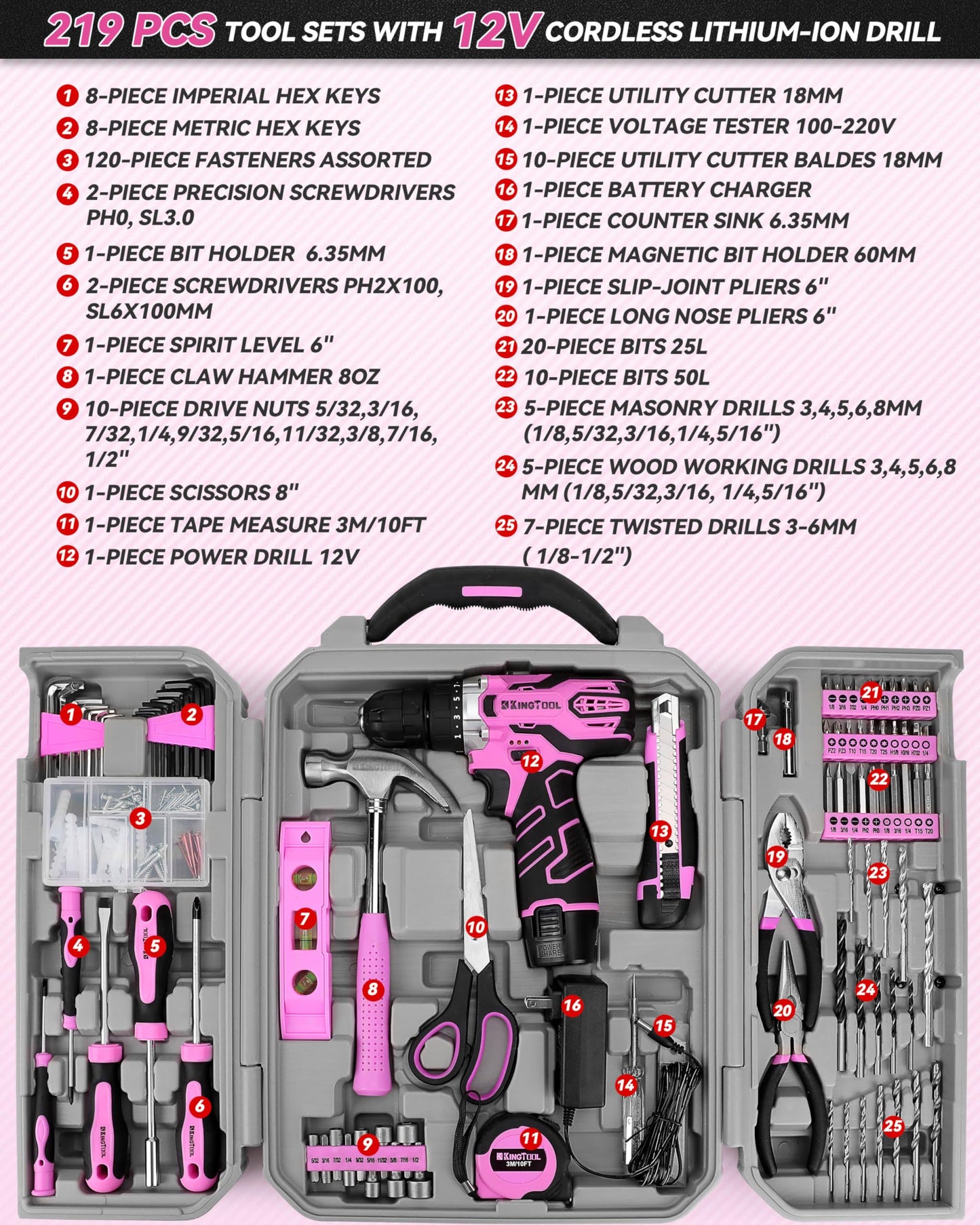 KingTool Home Tool Kit Set - 219 Pieces Pink Tool Kit with 12V Max Power Cordless Drill, Tool Kit for Women, Household Tool Set Kit with Power Drill for Home Office Garden Repair - WoodArtSupply