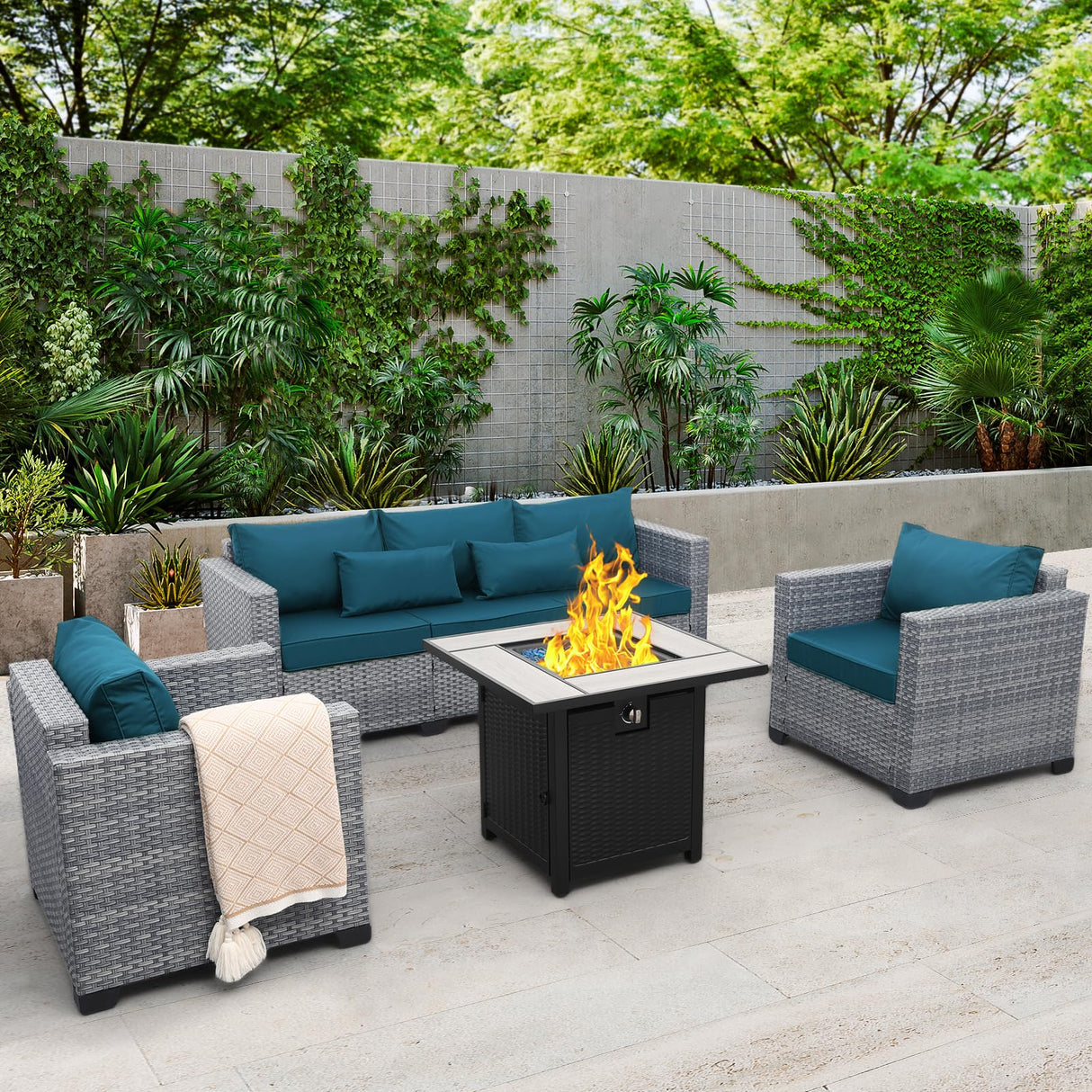 Lviden 4 Piece Wicker Patio Furniture Sets Outdoor Conversation Set PE Rattan Sectional Sofa Couch with Fire Pit Table and Peacock Blue Cushions Lviden
