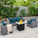 Lviden 4 Piece Wicker Patio Furniture Sets Outdoor Conversation Set PE Rattan Sectional Sofa Couch with Fire Pit Table and Peacock Blue Cushions Lviden