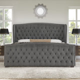 AMERLIFE King Size Platform Bed Frame, Velvet Upholstered Bed with Deep Button Tufted & Nailhead Trim Wingback Headboard/No Box Spring Needed/Grey AMERLIFE