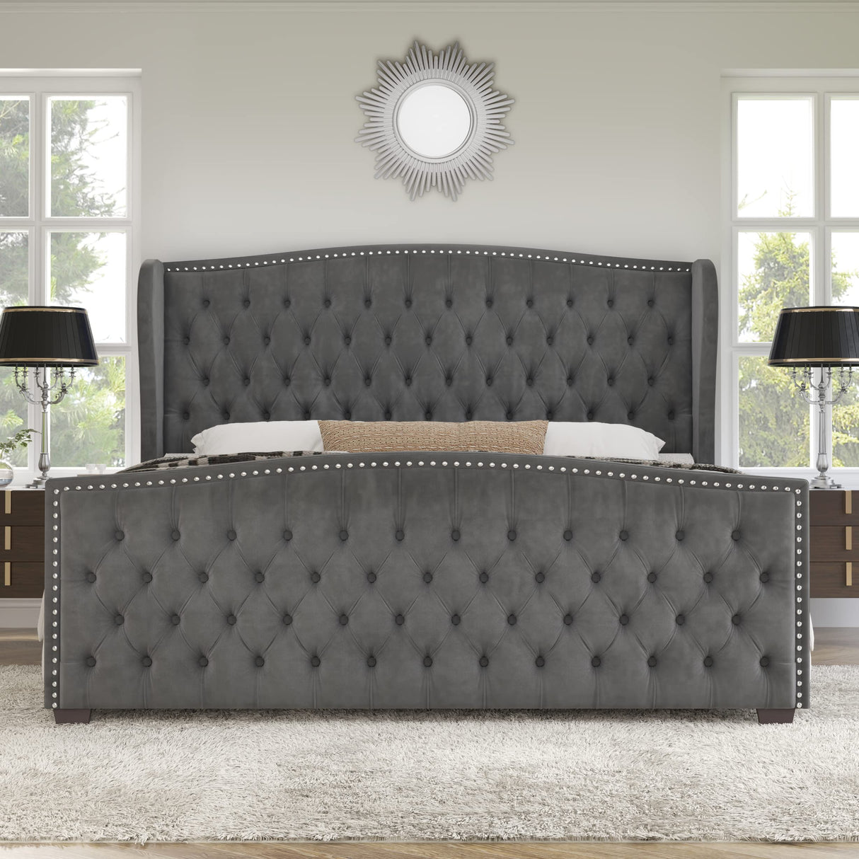 AMERLIFE Queen Size Platform Bed Frame, Velvet Upholstered Bed with Deep Button Tufted & Nailhead Trim Wingback Headboard/No Box Spring Needed/Grey AMERLIFE