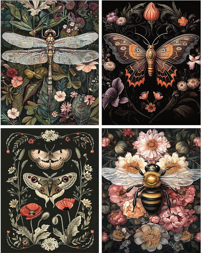 4 Pack Diamond Art Kits for Adults Beginners,Dragonflies, Butterflies, Moths, Bees Full Round Drill DIY Diamond Painting Kits,Paint by Diamonds Dot Gem Art Crystal Easy,Home Wall Decor 12x16Inch