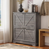 Semiocthome Farmhouse Shoe Storage Cabinet with 2 Flip Drawers, 31.5"(W) Freestanding Shoe Organizer with Barn Door and Metal Handles for Entryway, Corner Rustic Narrow Shoe Rack Cabinet - Washed Gray Semiocthome