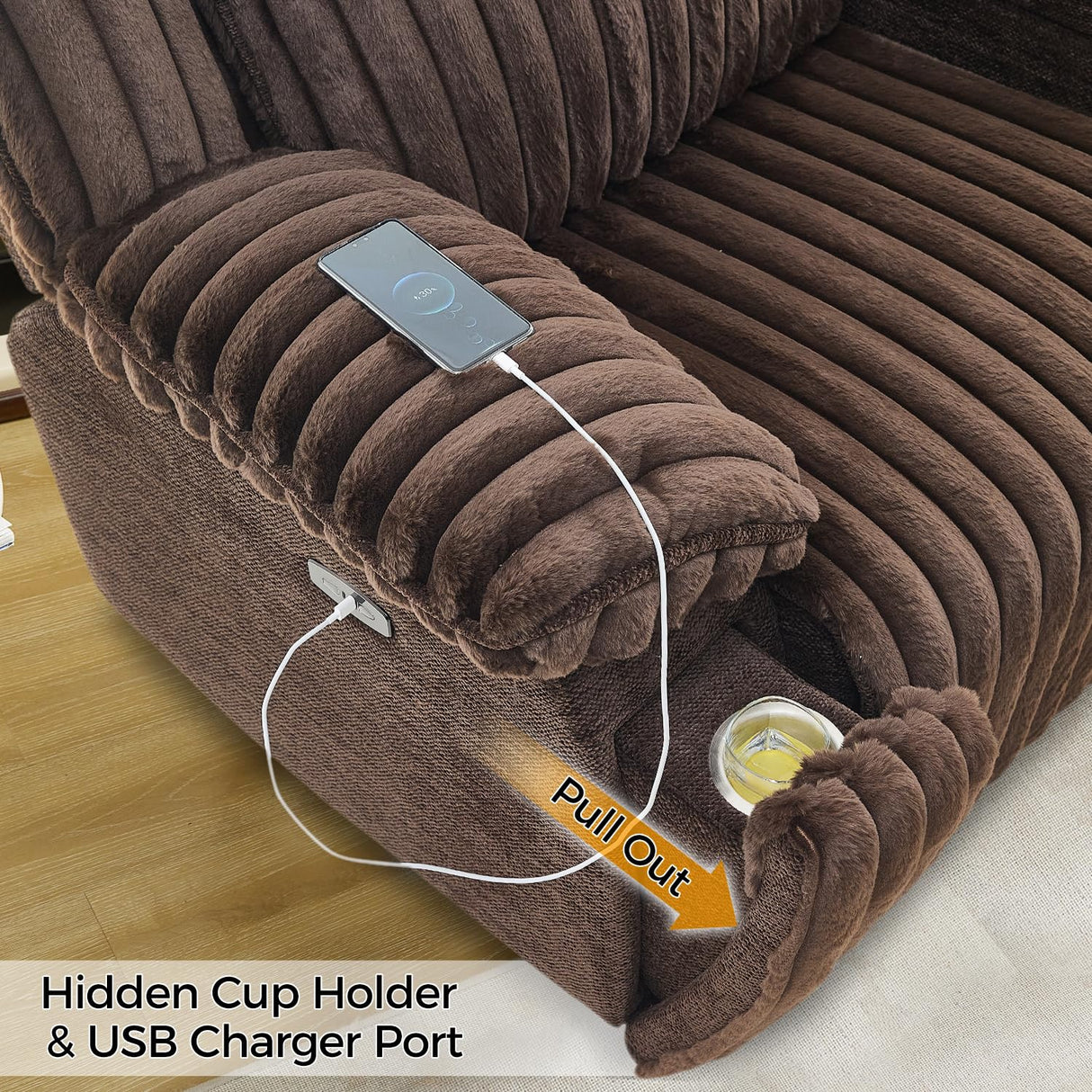 Power Electric Reclining Sectional Sofa with Wireless Charger for Living Room, Plush Faux Fur Sectional Couch with Recliner, 6 Seaters Comfy Recliner Corner Sectionals Sets with Cup Holders, Brown Comfort Stretch