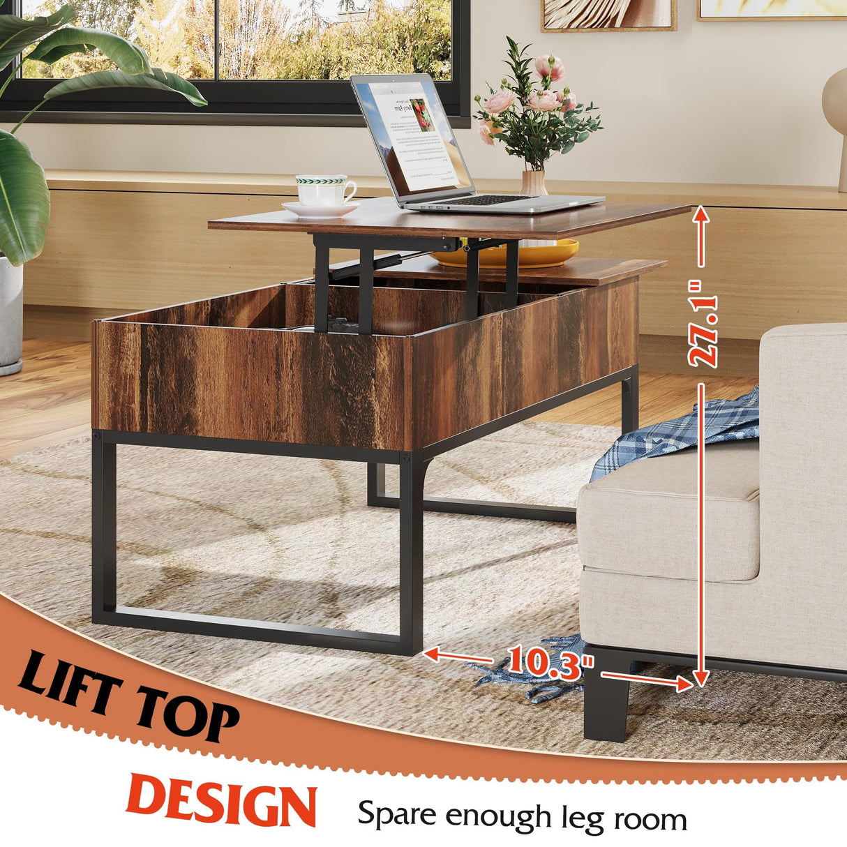 WLIVE Lift Top Coffee Table with Storage, 40.9" Coffee Table with Lifting Top & Sliding Top, Wood Modern Center Table with 2 Hidden Compartment for Living Room, Retro Brown WLIVE