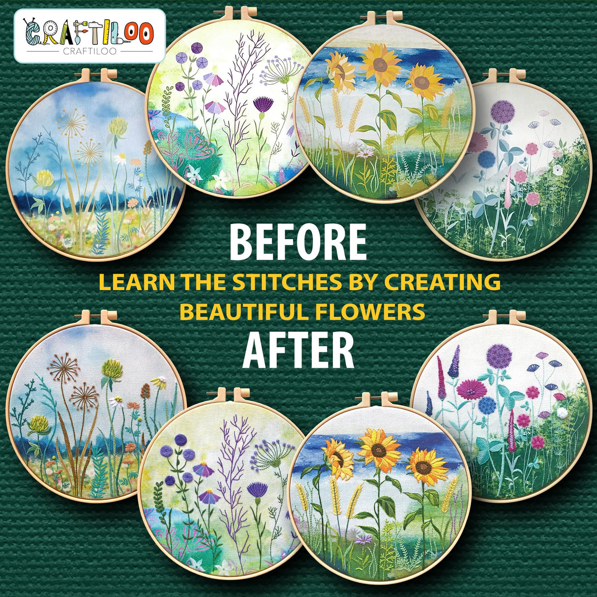 CRAFTILOO 4 Pack Embroidery Kit for Beginners Stamped Cross Stitch Kits for Beginners Needlepoint Kits for Adults Sunflower Cross Stitch Embroidery Kits Needlework Kit DIY Crafts for Woman CRAFTILOO
