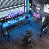 Pamray 64 Inch L Shaped Gaming Desk with Power Outlets and Led Lights, Large Corner Computer Desk with Monitor Stand and Pegboard, PC Table for Home Office and Bedroom Black Pamray