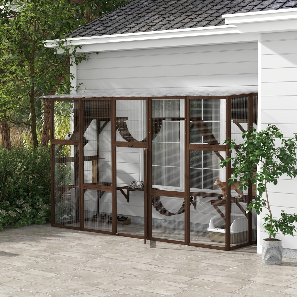 PawHut Catio Playground Cat Window Box Outside Enclosure, Outdoor Cat House with Weather Protection Roof for Multiple Kitties, Wooden Frame, Shelves & Bridges, 118" x 37.5" x 74", Coffee Brown PawHut