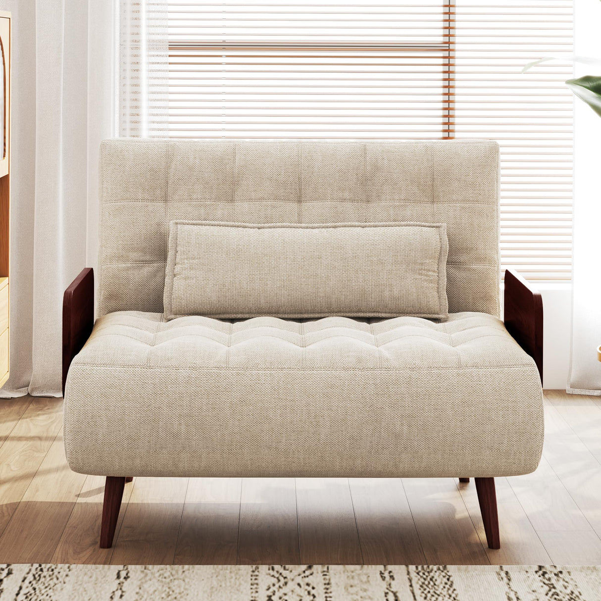 JASIWAY 3-in-1 Convertible Chair Bed Sleeper for Adults, Linen Convertable Sleeper Chair with Wooden Arms & Pillows, Foldable Single Futon Sofa Bed (Mid Century with Walnut Arm, 36.6" Wide) JASIWAY