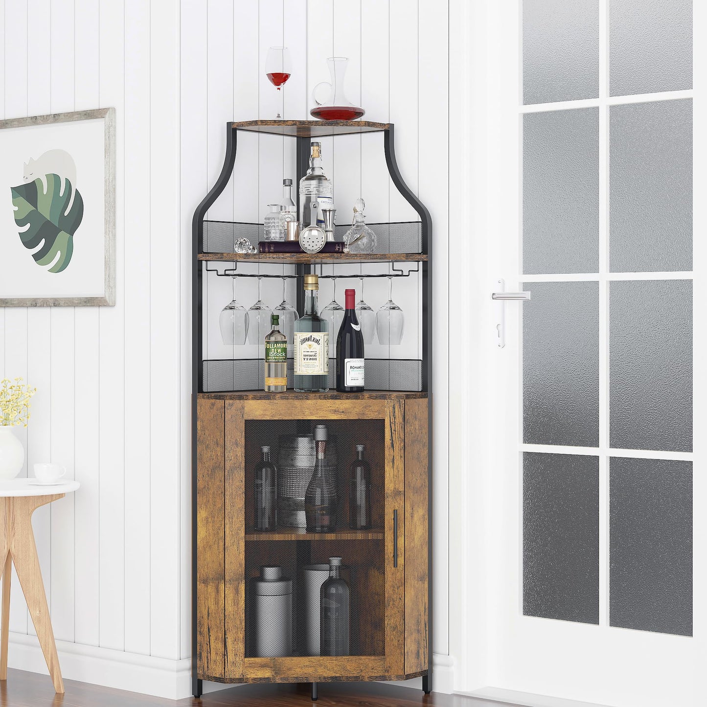 GAOMON Corner Wine Cabinet,Wine and Glass Rack,Freestanding Liquor Cabinet Bar Cupboard with Storage Shelves for Kitchen, Dining Room,Living Room (Rustic Brown) - WoodArtSupply