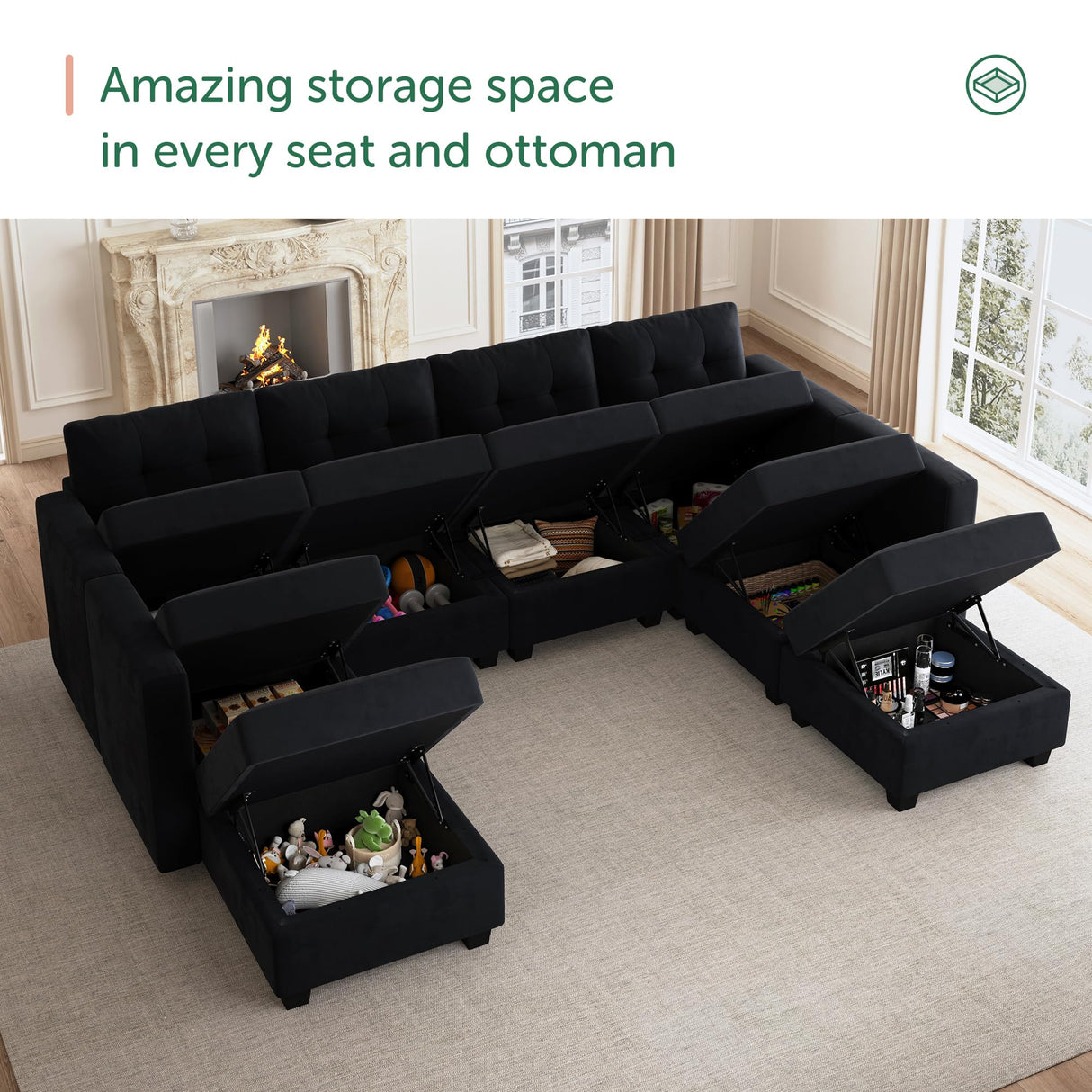 HONBAY Modular Sectional Sleeper Sofa with Storage, Velvet Modular Sofa Couch Oversized, 8-Seat Reversible Velvet Sleeper Sectional Sofa Bed for Living Room, Black HONBAY