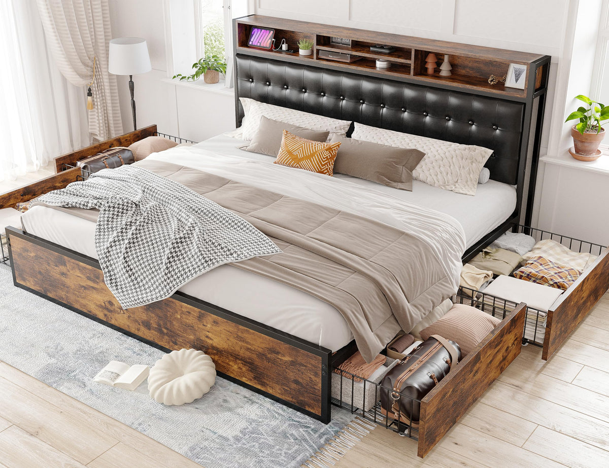 EnHomee King Size Bed Frame with 4 Storage Drawers King Bed Frame and ...